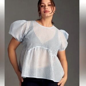 ANTHROPOLOGIE Maeve Short-Sleeve Semi Sheer Gingham Bubble Sleeve Blouse | L